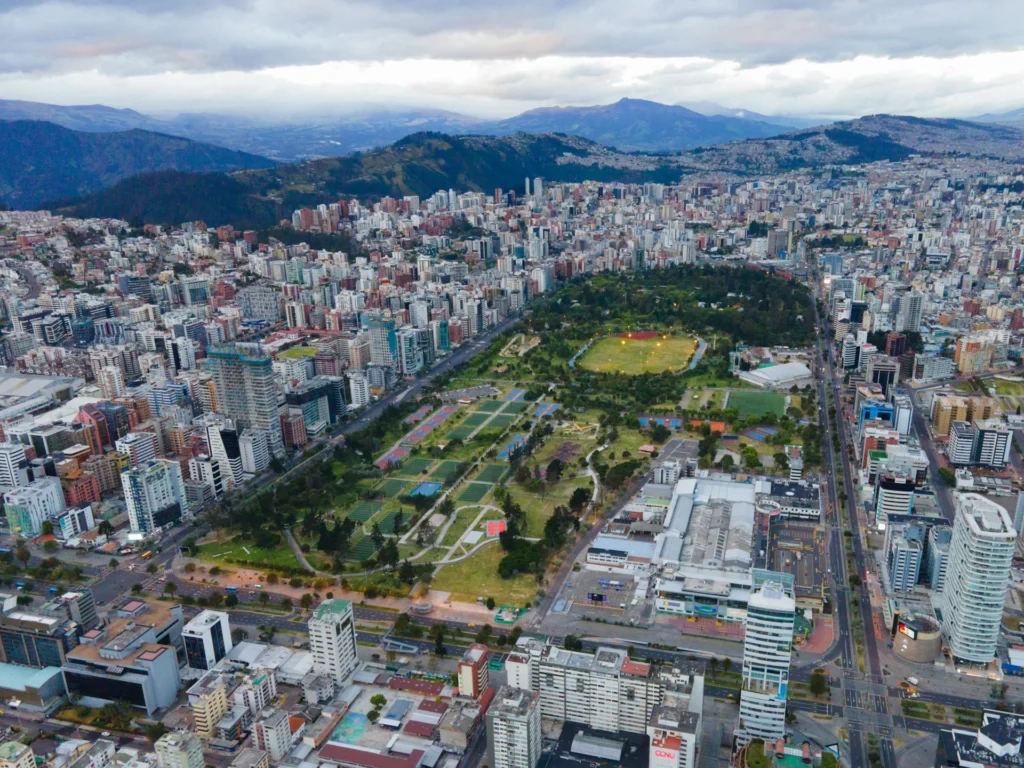 Aerial view of Quito, Ecuador, with Parque la Carolina in the center.